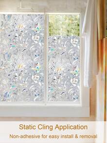 Haus Hana 1 Roll Holographic Silver Floral Window Film, 44.5cm(17.5in) Static Cling Non-Adhesive Privacy Glass Sticker, UV Blocking, With Installation Tools - Laser Tulip - View 9
