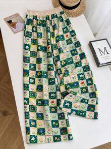Breezaya Bestselling Abstract Plaid Floral Print Plus Size Women's Vacation Casual Long Pants - Multicolor - View 2