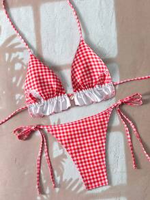 Swim Mod Swim Suits For Women Women's Summer Beach Solid Color Ruffle Trim Halter Neck Tie Two Pieces Bikini Set - Multicolor - View 3