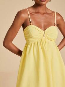 Travachic Women's Solid Color Beaded Strap Short Dress Beach Vacation Lemon Yellow Summer Boho - Yellow - View 4