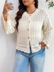 SHEIN Frenchy 大尺碼休閒手工編織3D花卉長袖開襟外套 - 杏色 - 查看 4