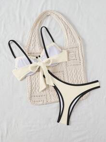 Swim Basics Women's Contrast Color Trim Twist Front Bikini Set For Summer Beach Vacation - Beige - View 3