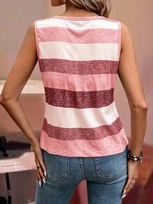 EMERY ROSE Holiday Casual Color Block Striped Tank Top Graphic Tees Women Tops - Pink - View 2