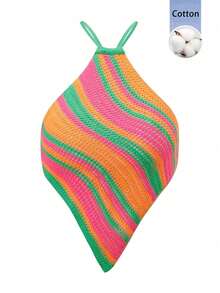 SHEIN Holidaya Verano, Vacaciones, Uso Diario, Ropa de Vacaciones, Hilo de Algodón a Rayas Coloridas, Top de Verano, Lazo Cruzado en la Espalda, Top de Punto Calado, Top de Punto sin Mangas, Top de Punto para Mujer - Multicolor - Ver 1