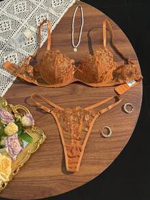 Divavoom 两件套网纱刺绣女士内衣套装 - 金色 - 查看 4