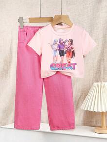 Elladie kids 2件組少女夏季新款酷女孩風粉色卡通動漫短袖T恤與粉色多色水洗休閒寬鬆多口袋設計工裝牛仔褲套裝，適合街頭風、日常出遊、派對、音樂節、慶典、返校、春夏季出遊 - 粉色 - 查看 6