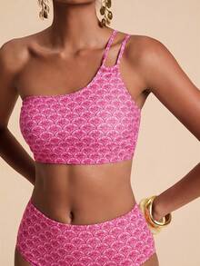 Travachic Women's Summer Beach One-Shoulder All-Over Print Bikini And Triangle Bottoms Two-Piece Swimsuit Set - Pink - View 6