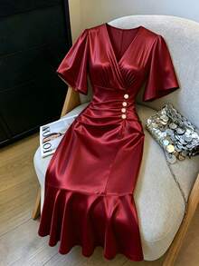 Elenzga Women's Overlap V-Neck Solid Color Short Sleeve Button Decor Fishtail Hem Dress - Burgundy - View 8