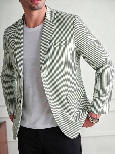 Core Aspect 男士條紋休閒輕量寬鬆單排扣商務休閒雙風格西裝外套，正式款