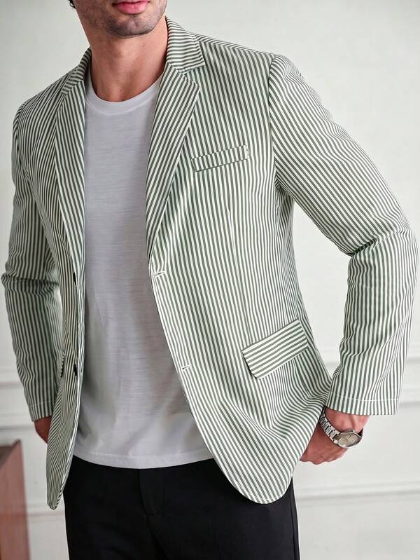 Core Aspect White Striped Casual Blazer, Lightweight Loose Single-Breasted Men's Business Casual Dual-Style Jacket