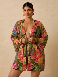 Travachic Plus Size Women's Apricot Ocean Fish Print Cover-Up, Mid-Length Sleeve Loose Kimono Top, Romantic Early Spring Beach Hot Spring Pattern Shirt - Multicolor - View 6