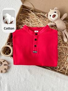 PrepCrw Camisa polo de manga corta con botones parciales, estilo casual y sencillo para niño joven en verano - Rojo - Ver 2