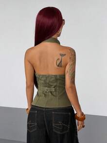 StreetHx Fashion Casual Sexy Street Style Lace-Up Button Halter Neck Denim Top Club Party Olive Green Summer - Army Green - View 2