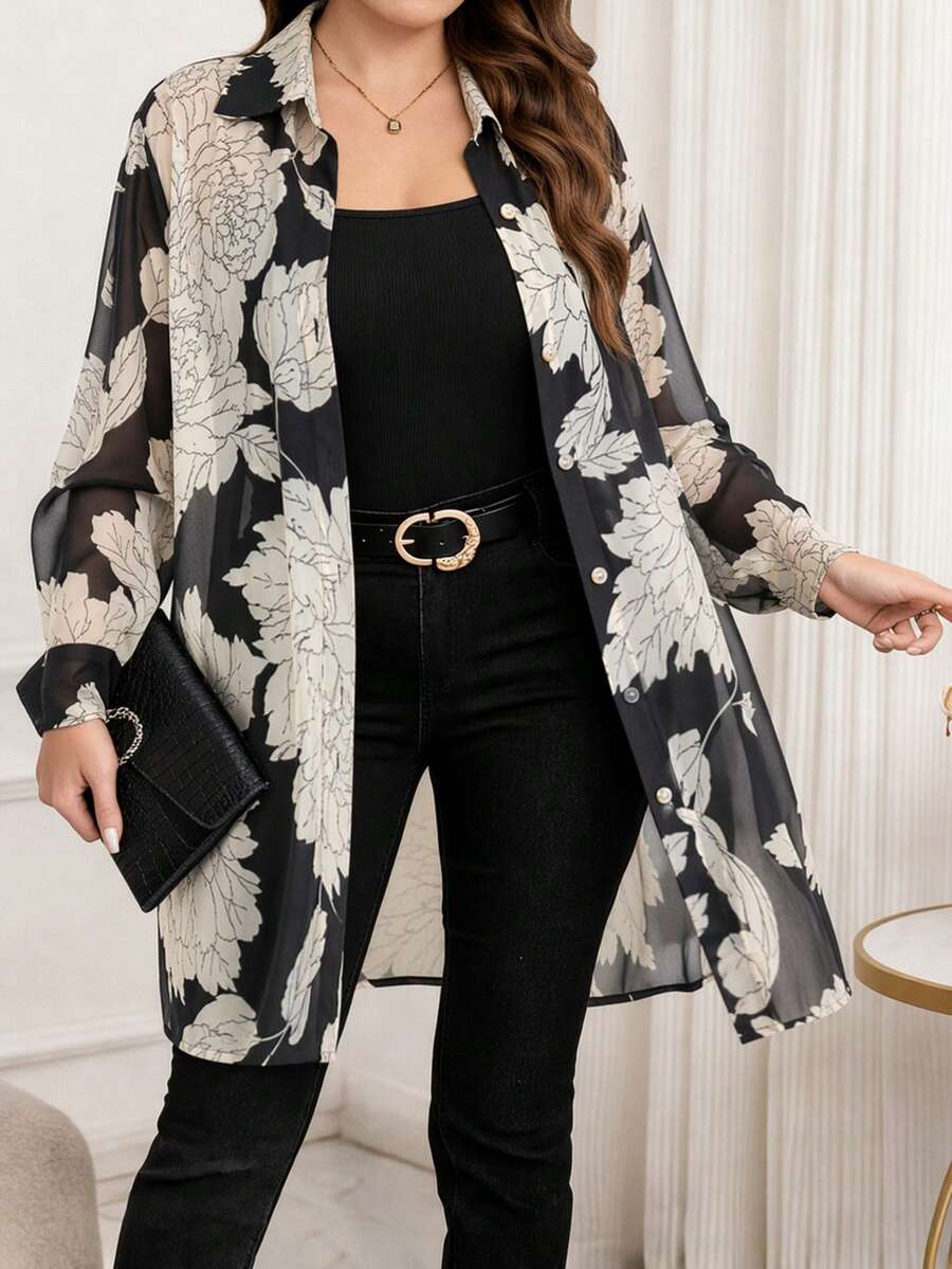 Chikora Plus Size Women's Spring Summer Autumn Casual Elegant Vacation Style Floral Print Sheer Mesh Long Shirt Dinner Black - Multicolor - View 1