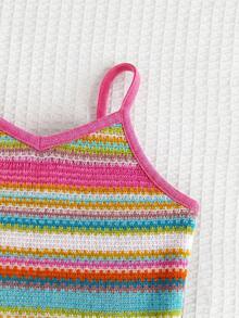 SHEIN 少女條紋吊帶上衣與短褲休閒套裝 - 彩色 - 查看 4