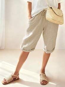 INAWLY Pantalones cortos informales de talla grande de unicolor con cordón en la cintura - Caqui - Ver 1