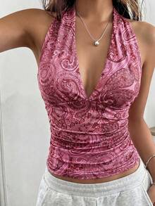 SHEIN Almamuse Women's Pink Summer Boho Holiday Vacation Floral Print Halter Neck Deep V Sleeveless Fitted Waist Cropped Top,Elegant Casual Beach Party Wear - Pink - View 4