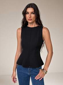 SHEIN Tall Áo vest nữ không tay dáng peplum, áo gile có khóa kéo phía trước, áo vest đen thanh lịch cho phong cách công sở đến dạ hội, áo blazer không tay, áo peplum, áo vest đen, áo vest may đo, sang trọng tinh tế, trang phục công sở tối giản, áo blazer có cấu trúc, áo blazer cơ bản màu trơn cổ tròn, khóa kéo phía trước, viền bèo nhún, áo blazer công sở đa năng, áo blazer không tay công sở - màu đen - Xem 5