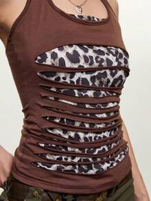 INAWLY Blusa casual de mujer con estampado de leopardo y parches, con cuello halter y lazos, adecuada para citas y fiestas - Multicolor - Ver 6