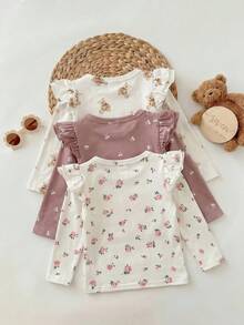 LMoss Kids Baby Girl Autumn/Winter Cute Versatile Casual Knit Solid Color Flutter Sleeve Long Sleeve Top 3-Piece Set - Multicolor - View 5
