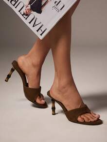 Hauture Sandalias de mujer con tacón con forma de bambú y sin cordones de ante sintético - Marrón Chocolate - Ver 1