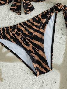 Swim Lushoire American Style Hot Girl Vintage Leopard Print Halter Neck Push-Up Top With Bow & Beaded Decoration, Back Tie & Side Tie Bikini Bottoms, Summer Vacation Music Festival Beach Party Niche Eye-Catching Hot & Relaxed Vibe Youthful Seaside Photo-Ready Island Holiday Outfit - Brown - View 8