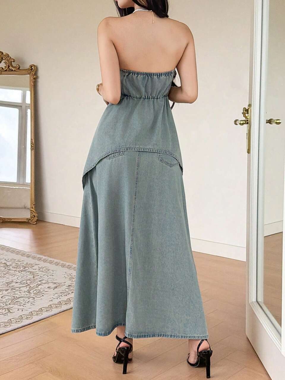 Women's Casual Sleeveless Tank Top And Long Denim Skirt Set, Summer