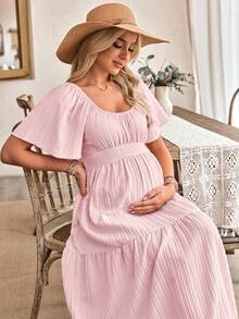 SHEIN Women's Casual Ruffle Sleeve Bow Back Design Maternity A-Line Dress - Pink - View 6