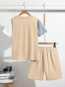 SHEIN 2pcs/Set Kids Tween Boy Casual Colorblock Crew Neck Short Sleeve T-Shirt And Shorts Set, Suitable For Commuting, School, Daily Casual, Outings, Sports, Spring/Summer, Beach Vacation - Khaki - View 3