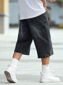 Manfinity EMRG Celana Pendek Denim Pria Ukuran Besar Model Lebar Warna Abu-abu Gelap untuk Petualangan, Kasual Musim Panas, Liburan - Grey - View 2