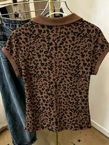 Resyla Women's Summer Casual Fashion Daily Commute Leopard Print Cap Sleeve Polo Shirt - Multicolor - View 2