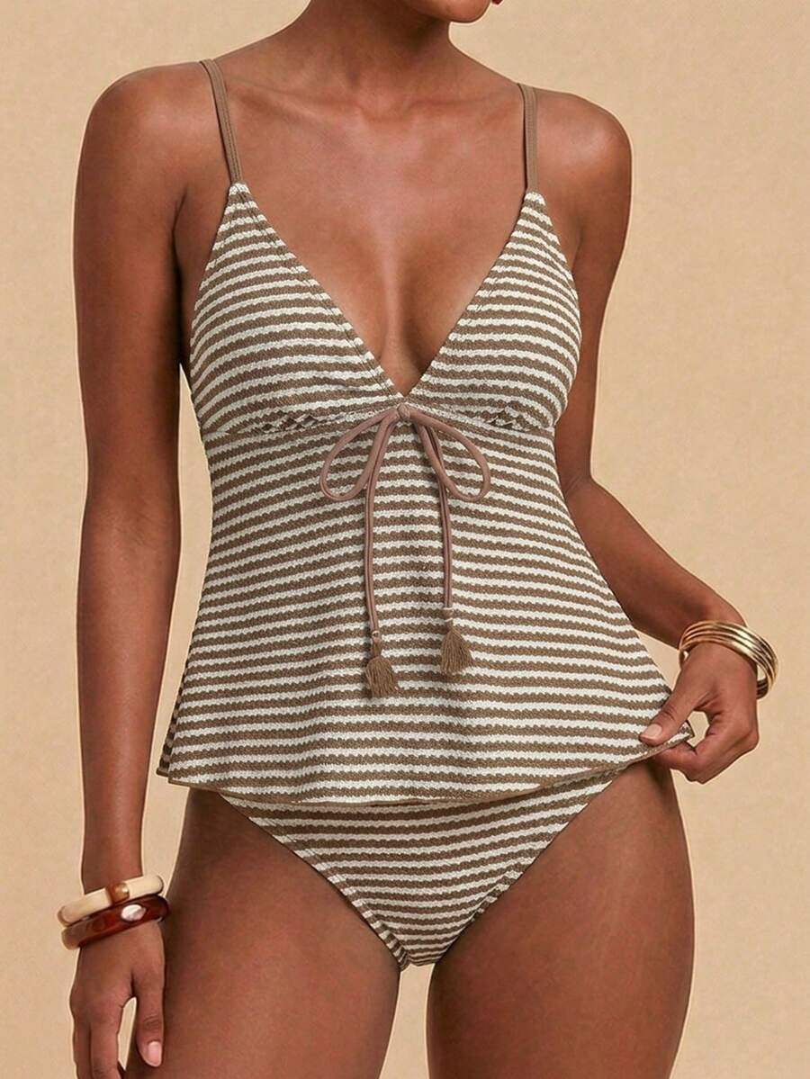 Travachic Women's Spaghetti Strap V-Neck Tie-Up Striped Tankini Swimsuit Set - Yellow - View 1