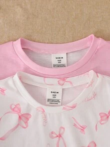 SHEIN Tween女孩休閒極簡修身舒適圓領短袖長褲家居服套裝，適合春夏，貼身剪裁，4件/套，甜美可愛愛心印花與蝴蝶結莓果印花，粉色兒童家居服套裝 - 粉色 - 查看 5