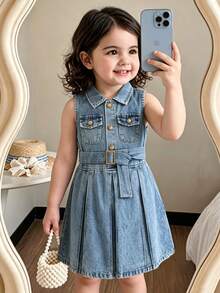 Elladie kids Đầm denim không tay cho bé gái, Đầm công chúa denim giản dị có túi cổ áo sơ mi thời trang cho bé gái, Đầm mùa xuân thích hợp cho các buổi đi chơi hoặc tiệc tùng - Màu xanh nhạt - Xem 9