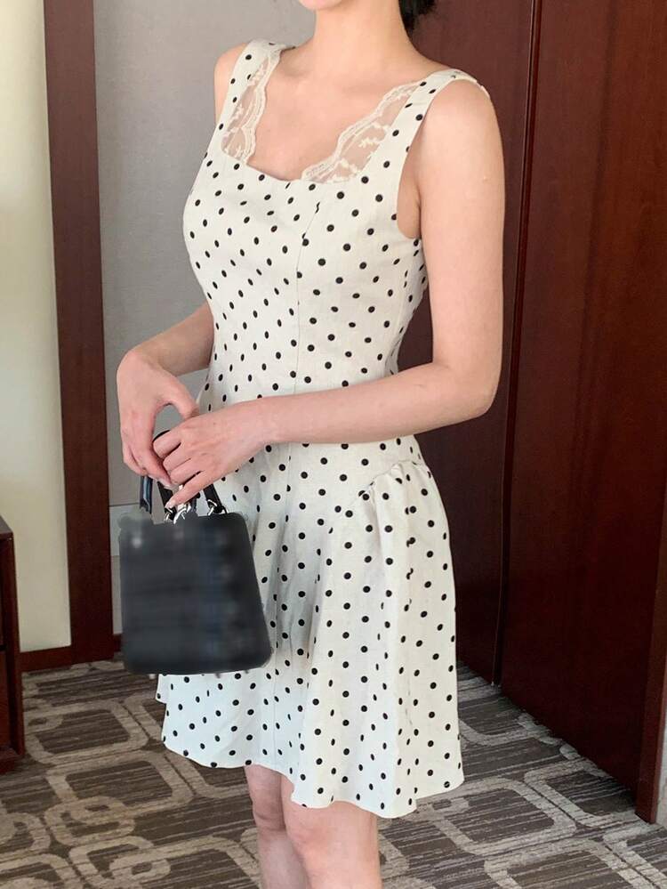 Polka Dot Contrast Lace Waist-Cinched Umbrella Skirt Tank Dress Elegant Vacation Summer Women's Short Dress
