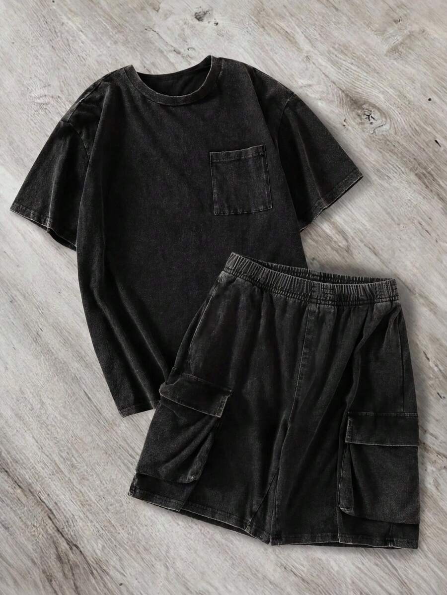 SHEIN 2件組兒童青少年男童休閒風雪花印花柔軟面料T恤黑色套裝，Y2k風格，夏季上衣，夏季短褲，男童套裝，適合春/夏、情人節、約會、夏季穿搭、家庭聚會、開學、婚禮季、運動、生日派對
