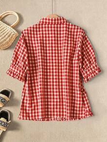 Rusticease Elegant Cute Preppy Red And White Plaid Gingham Party Picnic Blouses Women's Summer Casual Pastoral Back-To-School Printed Puff Short Sleeve Shirt - Red - View 2