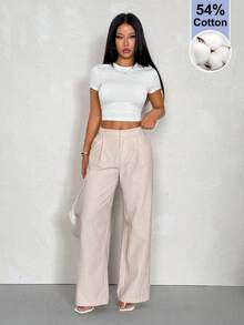 SHEIN PETITE 女款條紋長褲，舒適休閒褲，適合春夏穿著，夏威夷風兩件套，適合嬌小女性 - 卡其色 - 查看 5