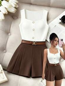Elenzga Women's Vacation Faux Pearl Button Vest And Pleated Shorts 2-Piece Set - Brown - View 1