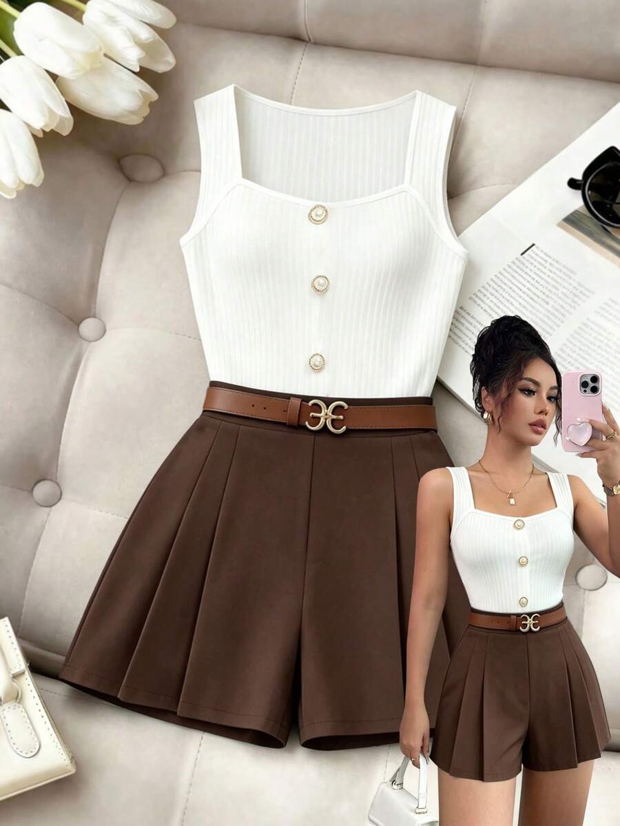 Elenzga Women's Vacation Faux Pearl Button Vest And Pleated Shorts 2-Piece Set - Brown - View 1