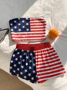 SHEIN EZwear 女士7月4日美国国旗风格休闲印花抹胸上衣和短裤套装 - 彩色 - 查看 1