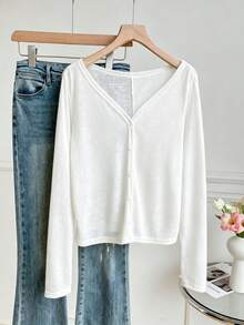 INAWLY Casual Versatile Solid Color Long Sleeve Sun Protection Cardigan - White - View 5
