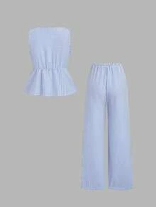 Tall Conjunto de top sin mangas con cuello en V y cintura anudada, y pantalones de pierna ancha, conjunto informal de gasa a rayas tipo burbuja para mujeres altas, primavera/verano - Azul - Ver 2