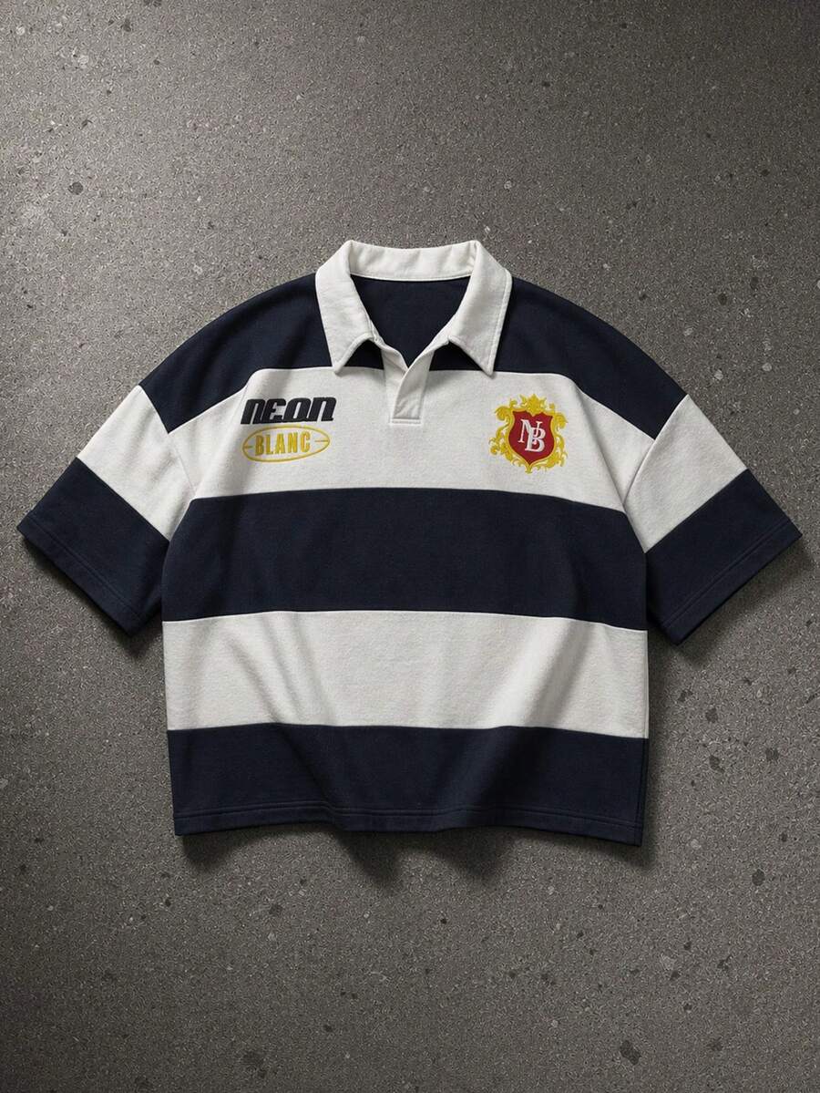 GENTILAND 男士休閒商務休閒寬鬆版型翻領 Polo 衫,海軍藍與白色條紋印花,返校季、校外禮物、足球 - 藍白色 - 查看 1