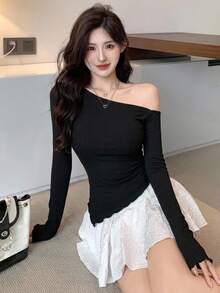 DAZY Women's Solid Color Asymmetrical Shoulder Ruched Slim Fit T-Shirt Long Sleeve Women Tops - Black - View 8