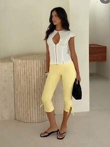 Firerie Women's Elegant Casual Spring/Summer All Seasons Solid Pale Yellow High Waist Leggings, Knitted Waist-Cinching Tight Leggings, Fashionable Versatile - Pale Yellow - View 8