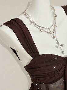 SHEIN ICON Shiny Fabric Asymmetrical Mesh Hem Women Tank Top - Coffee Brown - View 8
