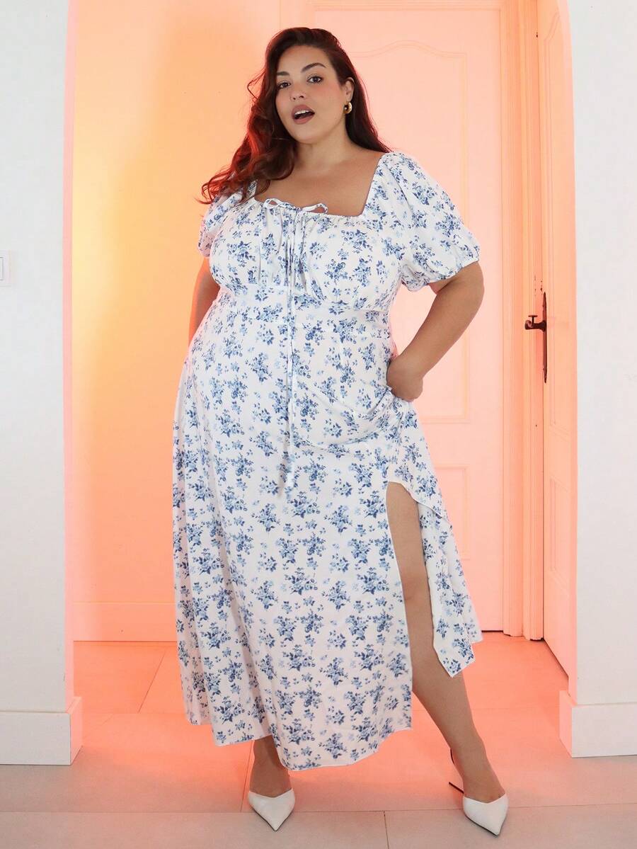 Pretty and Ole 大尺碼女款夏季度假花卉印花前綁帶短泡泡袖側開衩裙襬優雅白色長洋裝度假穿搭 - 白色 - 查看 1