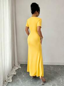 Elenzga Women's High Waist Short Sleeve V-Neck Long Dress Party Butter Yellow Summer Disco Sexy - Yellow - View 2