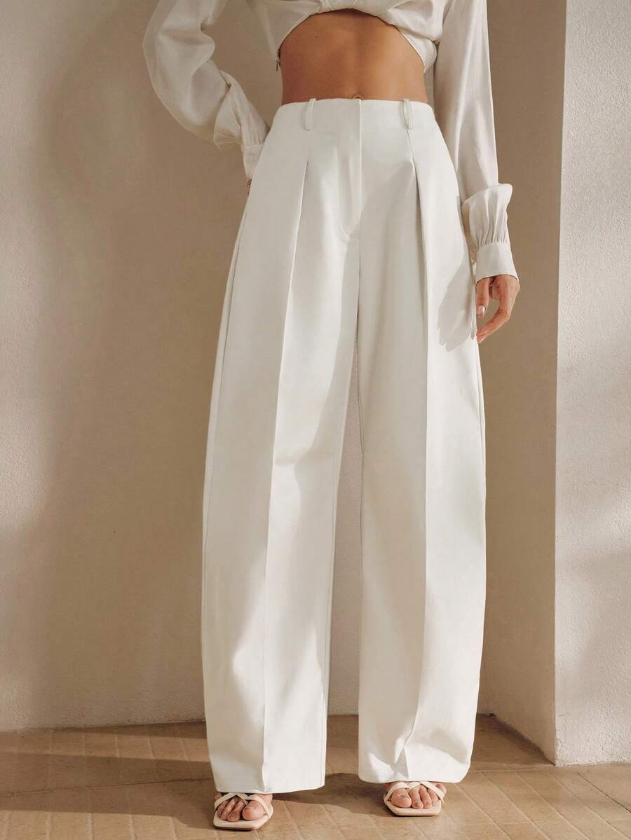 Anewsta 女款夏季百褶高腰口袋西裝褲 優雅商務休閒通勤 寬鬆大寬褲 - 白色 - 查看 1